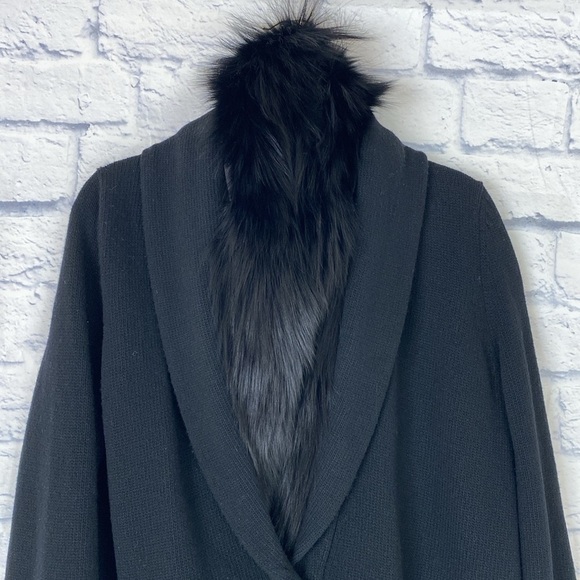 Theory black wool fox collar long sweater cardigan jacket large - Picture 2 of 8